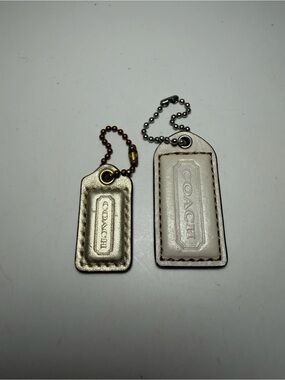 Coach Leather Tag Keychain Duo in Metallic Gold and White